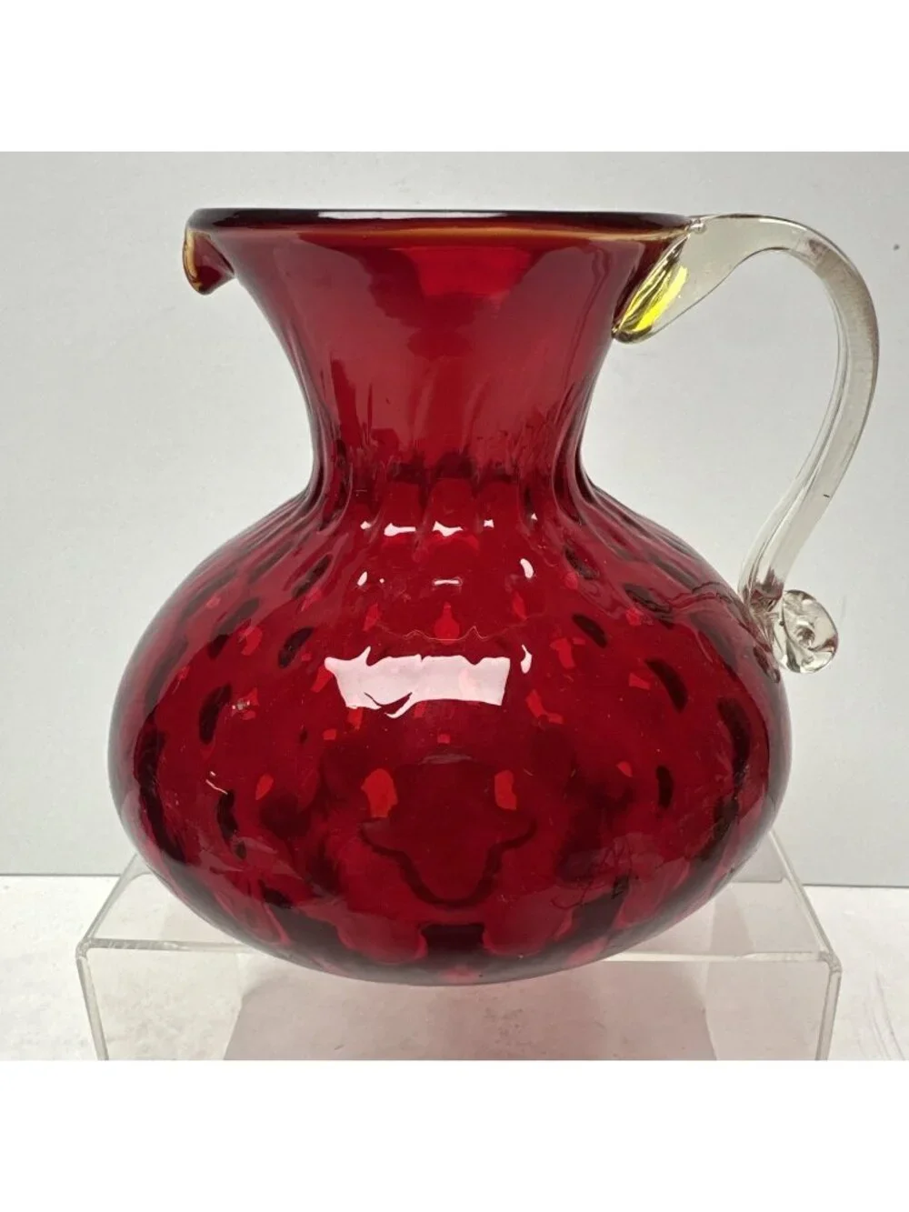 Pilgrim Glass Ruby Red Quilted Optic Pitcher Handle Rim Glows Hand Blown 5”